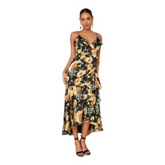 Lulus Black Yellow Floral Ruffle Wrap Maxi Dress Spaghetti Straps Small