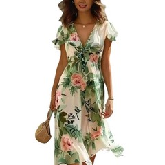 Printed Bohemian Women&rsquo;s V-neck Mid-length Dress Sleeveless Summer