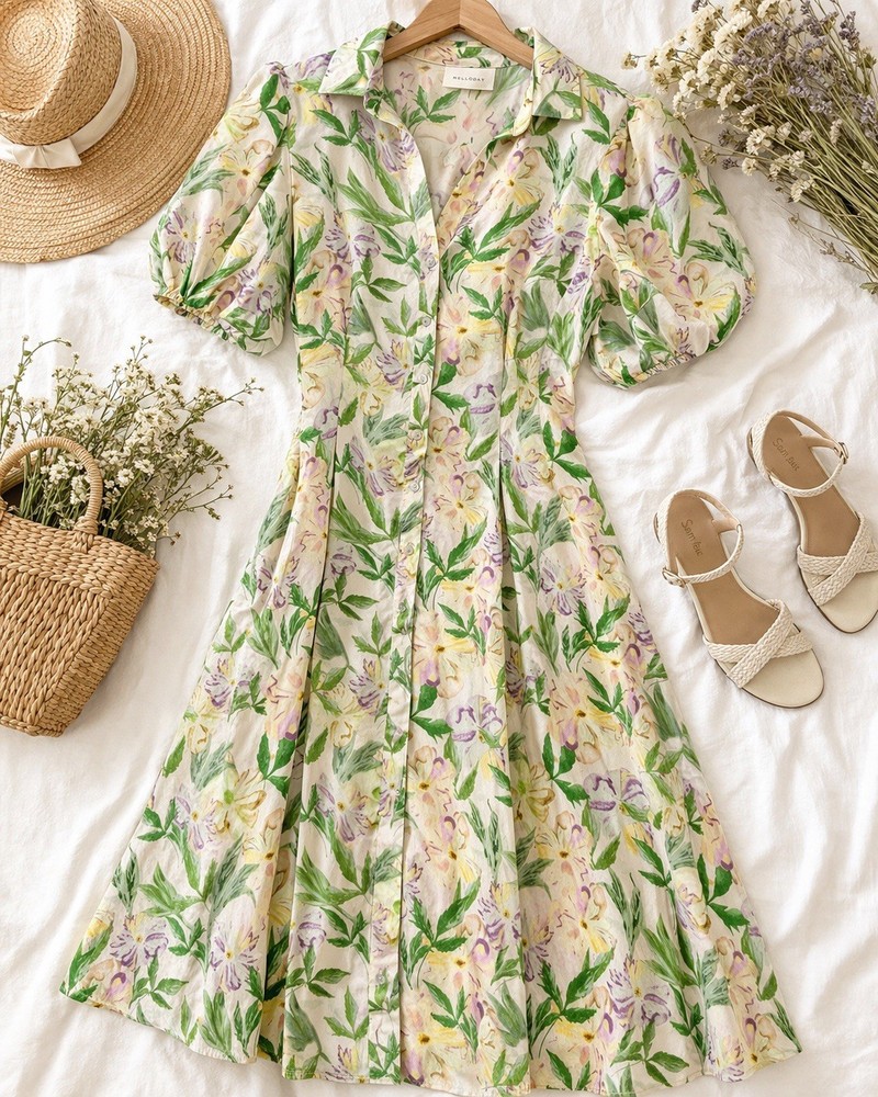 Melloday Floral Button Down Dress Womens Small Cream Green Excellent Puff Sleeve