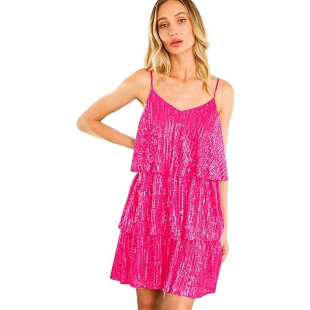 Glitter Sequin Adjustable Spaghetti Strap V Neck Dress, LARGE, 6H-172D005