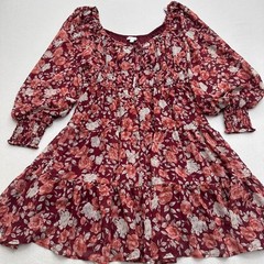 Burgundy Floral Smocked Tiered Midi Dress Sz L Boho Prairie Peasant Whimsigoth