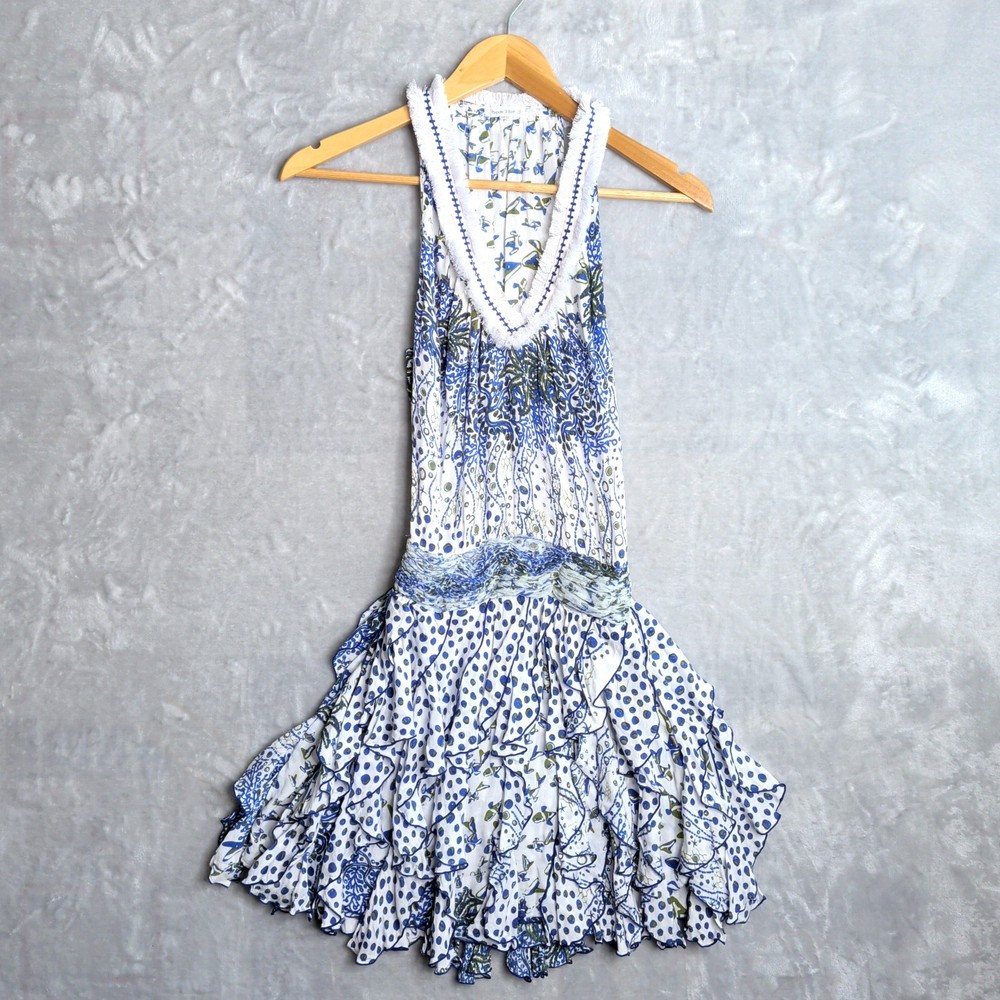 POUPETTE ST BARTH Blue & White Beline Halter Mini Dress Size XS Ruffle Floral
