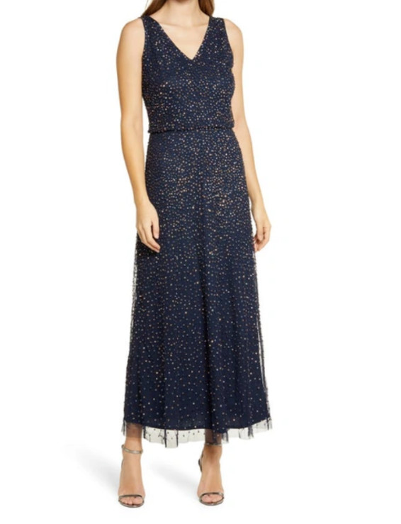 PISARRO NIGHTS Navy Copper Sequin Beaded Double V-Neck A-Line Maxi Gown Dress 14