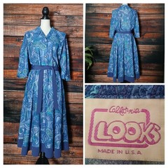 California Looks Vintage Midi Dress Size 16 Petite Belted Blue Paisley Retro USA