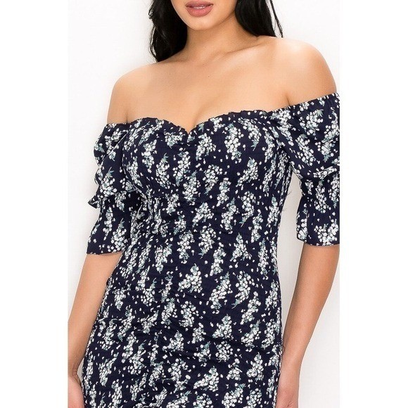 New Navy Blue Romantic Off-Shoulder Floral Smocked Dress
