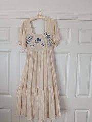 Carolina K White Blue Embroidered Cotton Maxi Dress Size Small Saks EUC