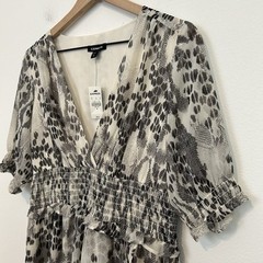 NWT Express Dress Size M Smocked Faux Wrap Hi Low Ruffle Maxi Black Cream