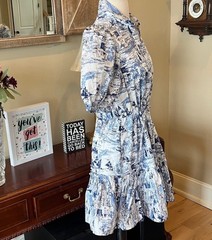 Sugarlips White Blue Etchings Collared Puff Sleeve Mini Ruffle Hem Puff Sleeve