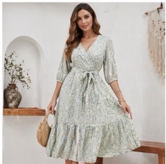 2XL Women Plus Size V Neck Maxi Dress Long Sleeve High Waist Green Flower Ruffle