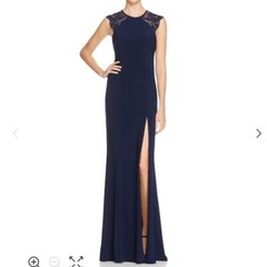 Faviana Women&rsquo;s Lace Shoulder Gown Size 6 Navy Blue Thigh Slit High Neck