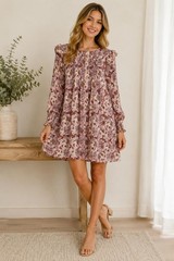 LC Lauren Conrad Floral Ruffle Sleeve Babydoll Dress Mauve Pink Size M