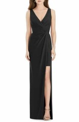 JENNY PACKHAM JP1013 Black Stretch Crepe Pleated Slit Column Maxi Gown 2 = XS