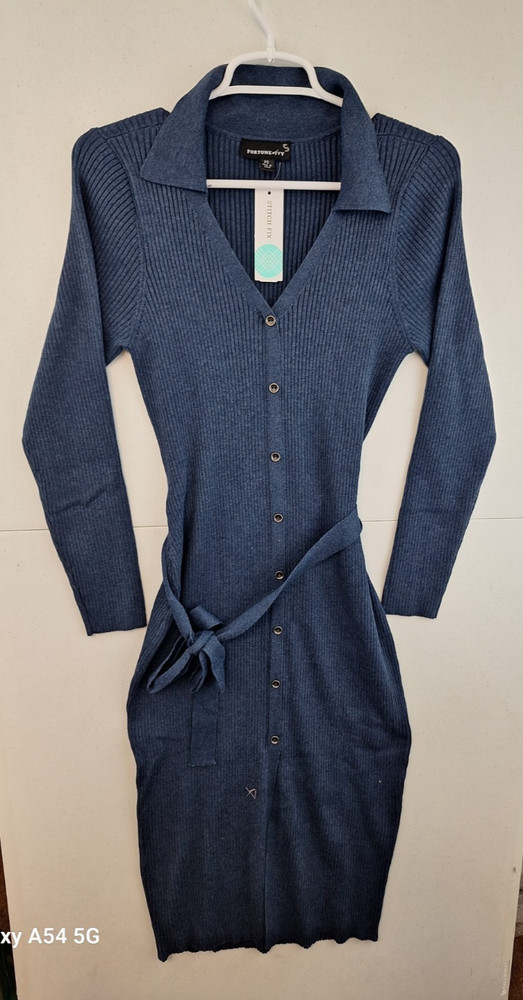 NWT FORTUNE + IVY Morgana Collared Ribbed Dress Navy Blue Petites SP