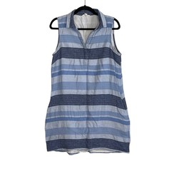 Beachlunchlounge Blue Striped Linen Cotton Sleeveless Shift Dress Large Coastal