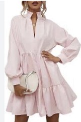 pink Dress Elegant Frilled Stand Collar Long Sleeve Ruffle Dress spring fall M
