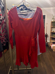 OTEN Dress Women S Orange Solid Square Neck A-Line Short Long Sleeve Zip Stretch