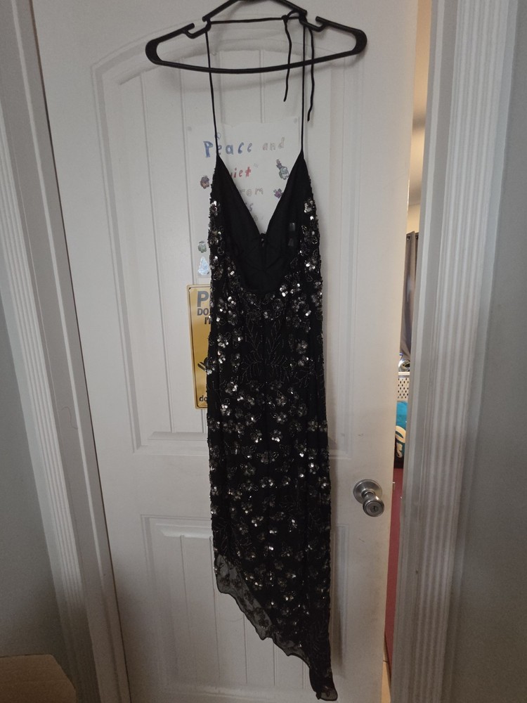 Cache Black Floral Sequin Beaded V-Neck Strappy Sleeveless Long Gown XS