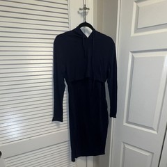 Missky Women’s Navy Solid V-Neck Hoodie Dress Hooded Pockets Long Sleeve S