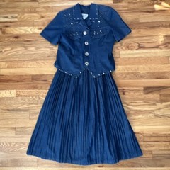 Vtg Stonebridge Denim Western Design Studded Denim Jean Dress Sz 8P Concho Pleat