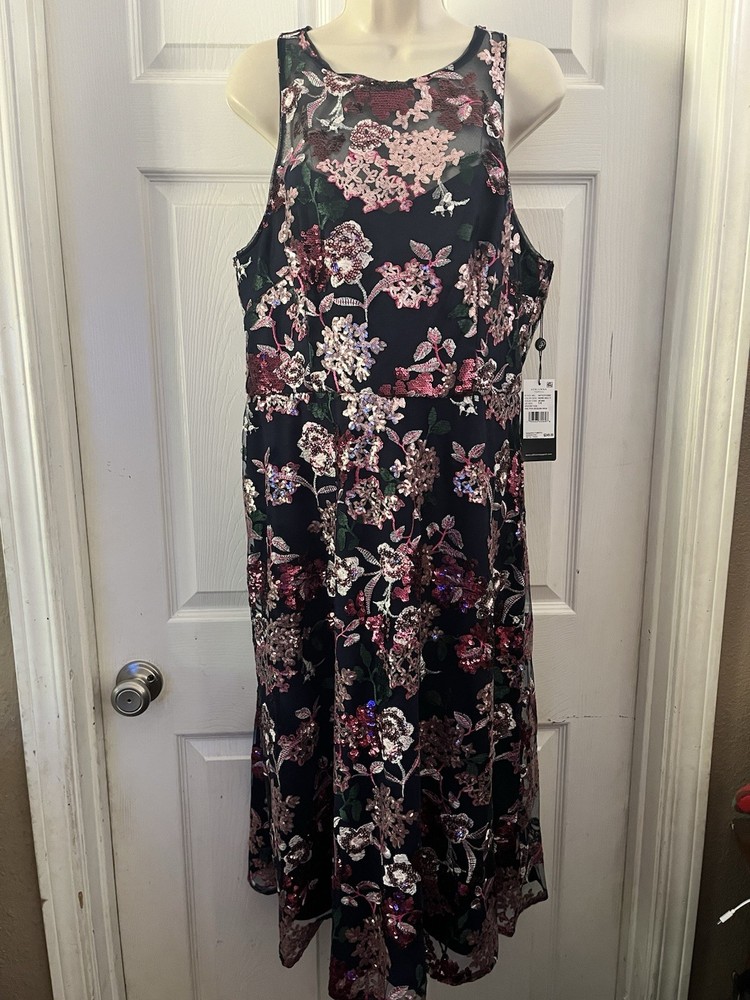 Adriana Papell Navy Sleeveless Illusion Floral Sequin Midi Dress Sz 14