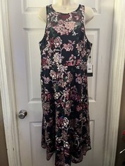 Adriana Papell Navy Sleeveless Illusion Floral Sequin Midi Dress Sz 14