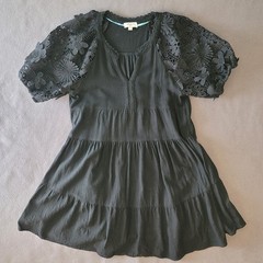 Umgee Boho Black Tiered Babydoll Dress Tunic Floral Crochet Lace Puff Sleeve