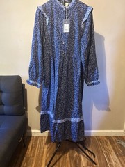 Universal Thread Long Sleeve A-Line Floral Midi Dress Navy Ruffle Button Small