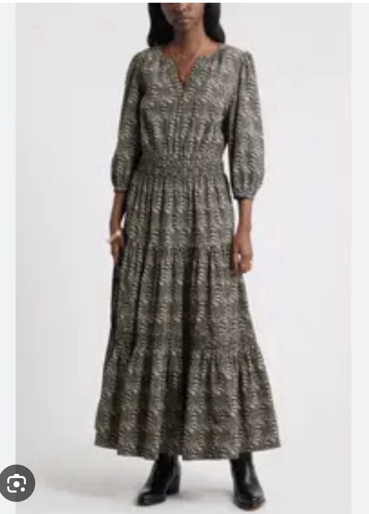 Treasure And bond Maxi Dress Tiered 3/4 Sleeve Cotton Poplin Beige Print Small