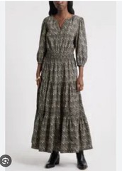 Treasure And bond Maxi Dress Tiered 3/4 Sleeve Cotton Poplin Beige Print Small