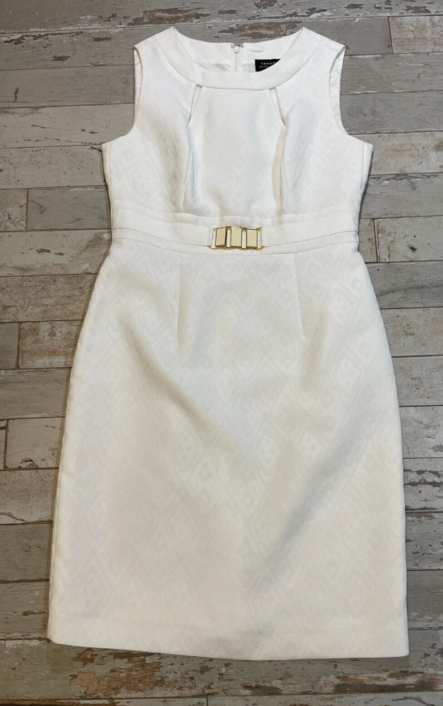 Tahari Arthur S Levine White Double Cutout Neck Belt Buckle Sheath Dress SZ 6