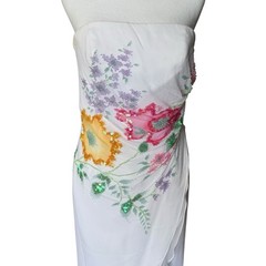 VTG Cache Silk Asymetrical Beaded White Midi Dress Evening Gown Strapless XS