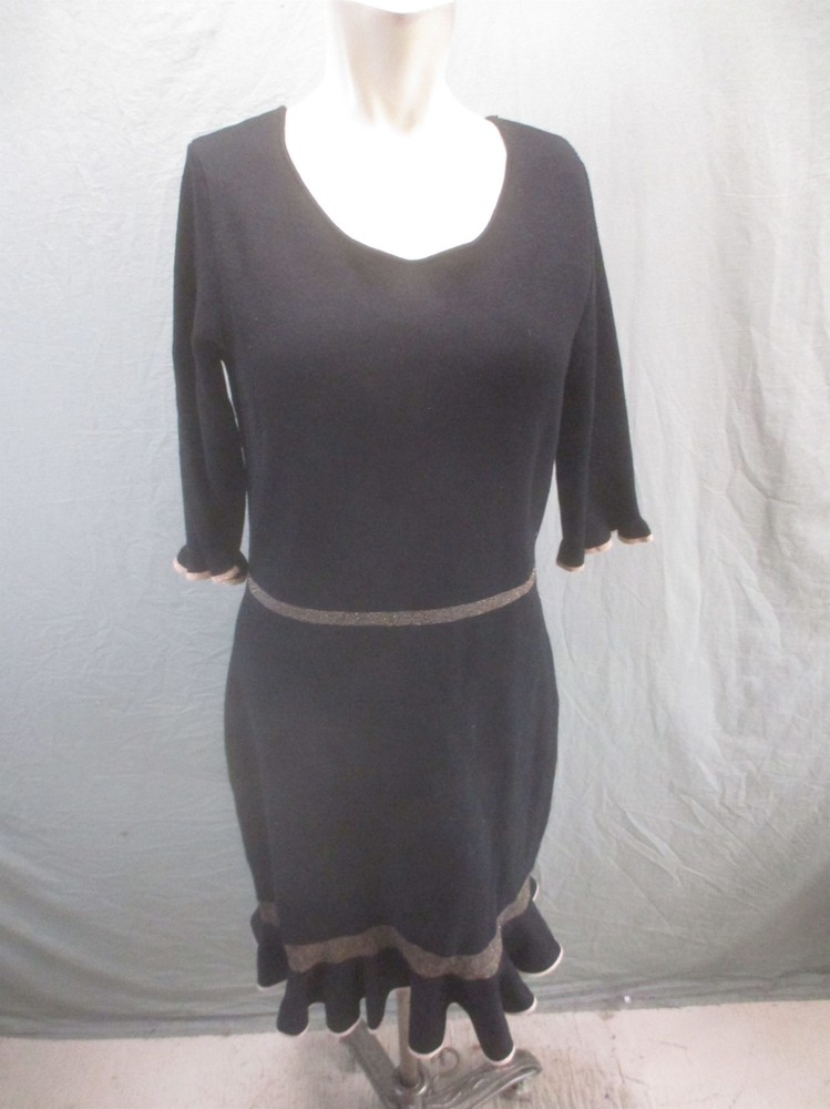 Taylor Size L Womens BLK 3/4 Ruffle Sleeve Round Neck Knit Midi Sheath Dress 800