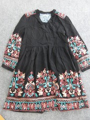 Floret Dress Womens Petite Small Black Embroidered Boho Trapeze Long Sleeve