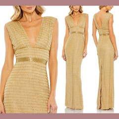 NWT $598 Mac Duggal [ 2 ] 5625 Beaded Cap Sleeve V Neck Column Gown Gold #J265