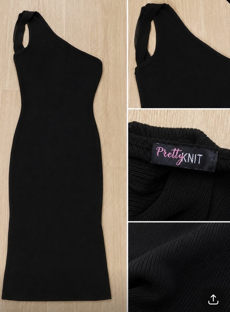 PrettyKNIT Black One Shoulder Stretch Knit Bodycon Midi Dress Viscose S