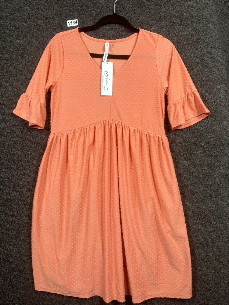 NY Collection Fit & Flare Dress Womens Size PM Orange Swiss Dot Elbow Sleeve NEW