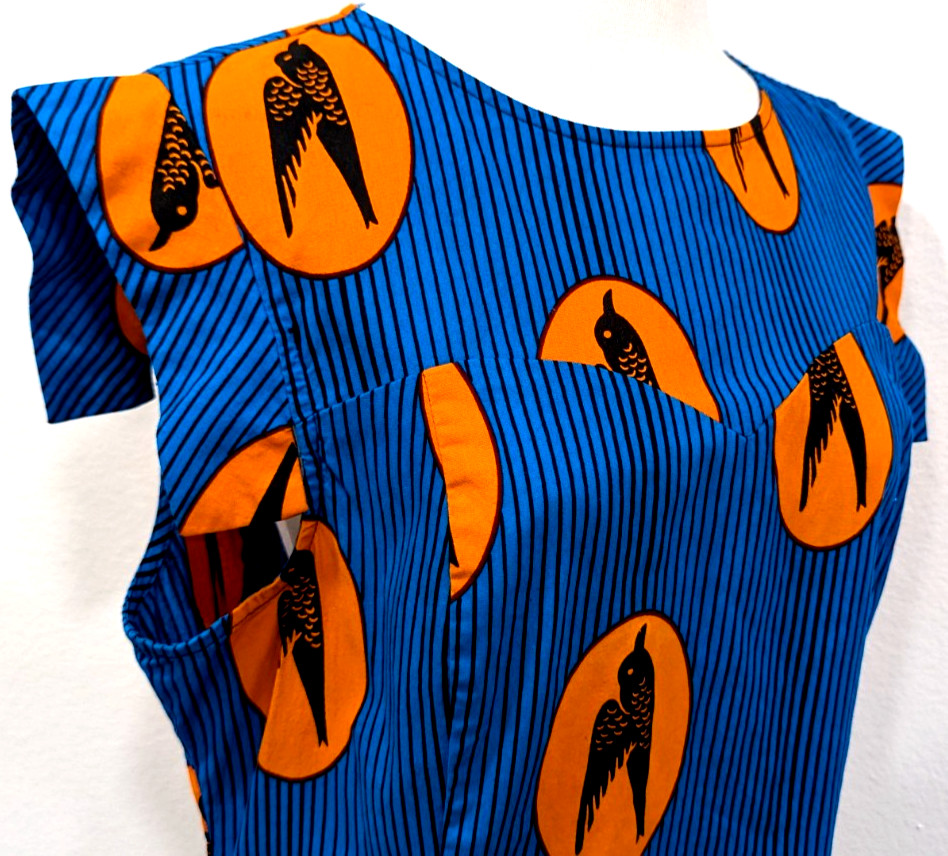 MAE OTTI Authentic African Print Mini Dress BIRDS Blue Black Stripe Size XL EUC*