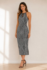 Olive Tree Women’s Black White Geometric Midi Bodycon Dress XS Halter Keyhole