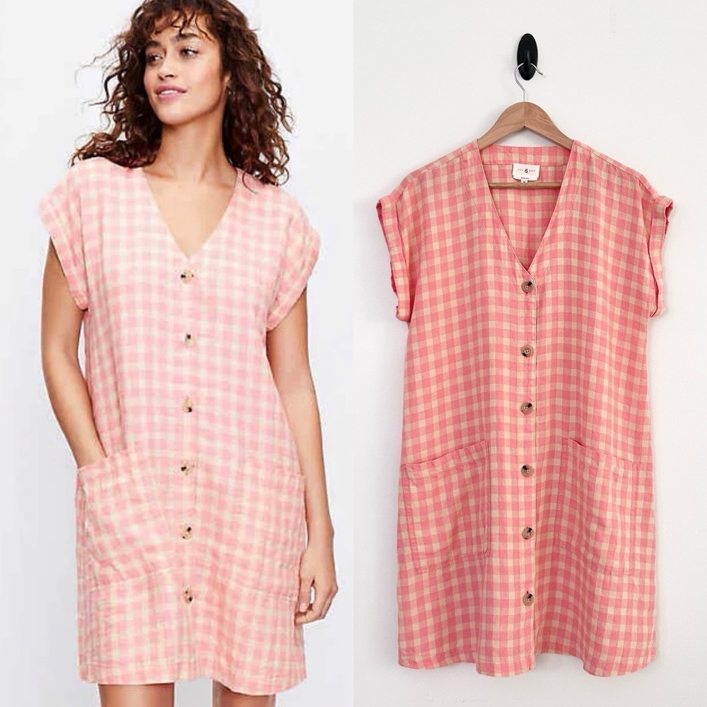 Lou & Grey Medium Pink Ivory Multi 100% Linen Gingham Button Front Dress NWOT