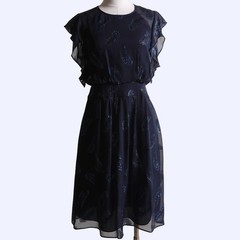 BCBGMAXAZRIA Navy Blue Metallic Silk Flutter Sleeve Knee Length Dress