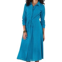 Soft Surroundings Turquoise Eyelet Collar Cuff Sleeve Waist Tie Maxi Dress