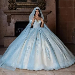 Sky Blue Strapless Cape Floral Glitter Quinceanera Ball Gown Sweet 16 Dress