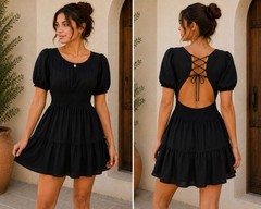 Wild Fable Black Solid Woven Rayon Round Neck Puff Sleeve Open Back Mini L