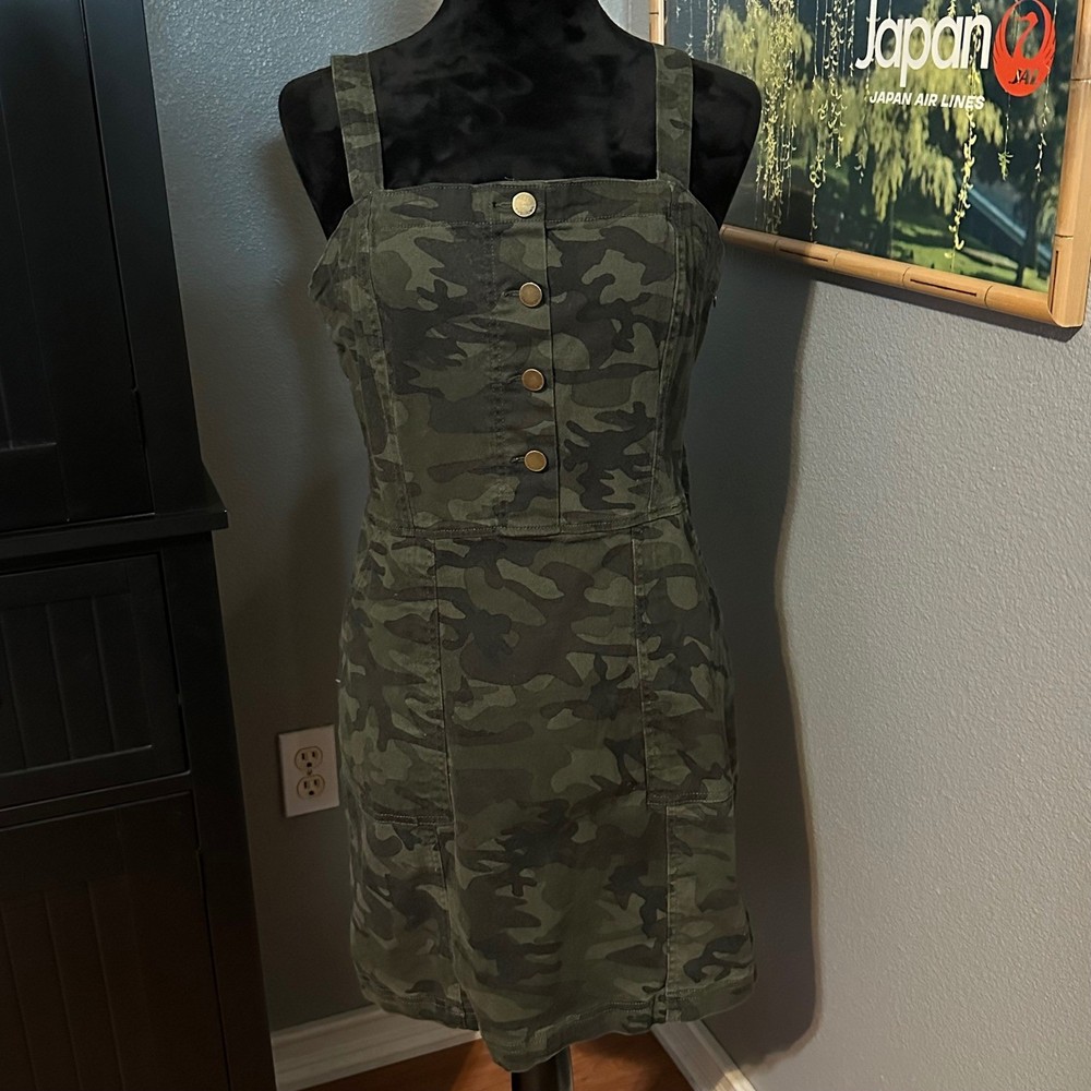 Love Fire Camo Mini Dress XL Military Utility Bodycon Faux Button Y2K Edgy