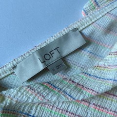 LOFT Bow Strap Button Front Linen Stripes Flounce Dress Ivory Multi-Color Medium