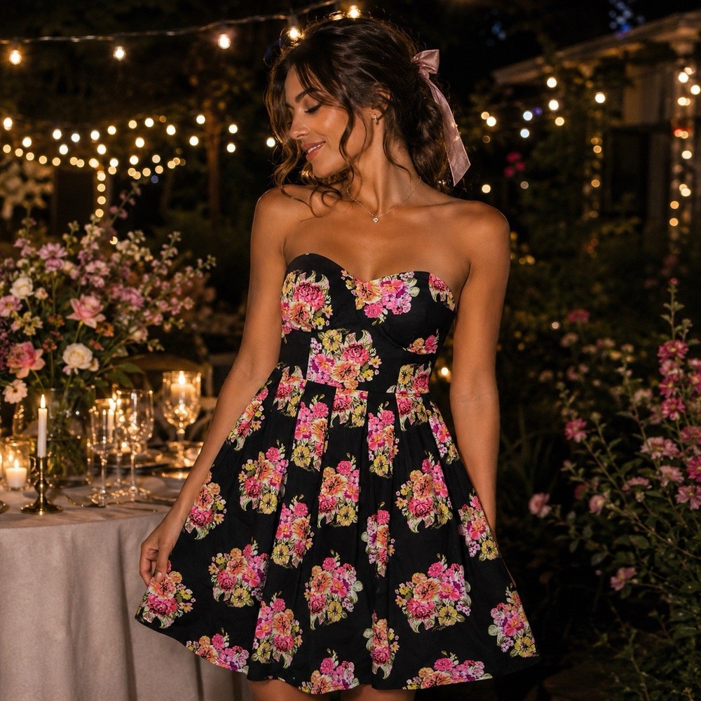 Rue 21 Strapless Moody Floral Fit Flare Dress XS Black Pink Sweetheart Coquette