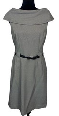 Tahari Tweed DRAPE COLLAR Sleeveless Black White Dress Side Zipper SIZE 6