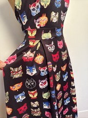 High Neck All Over Cat Print Rainbow Halter Midi Dress Stretch Jersey Cute! S