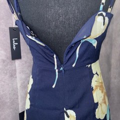 NWT Size Small LuLus Navy Blue Floral Sleeveless Surplice Midi Dress Slit Ruched