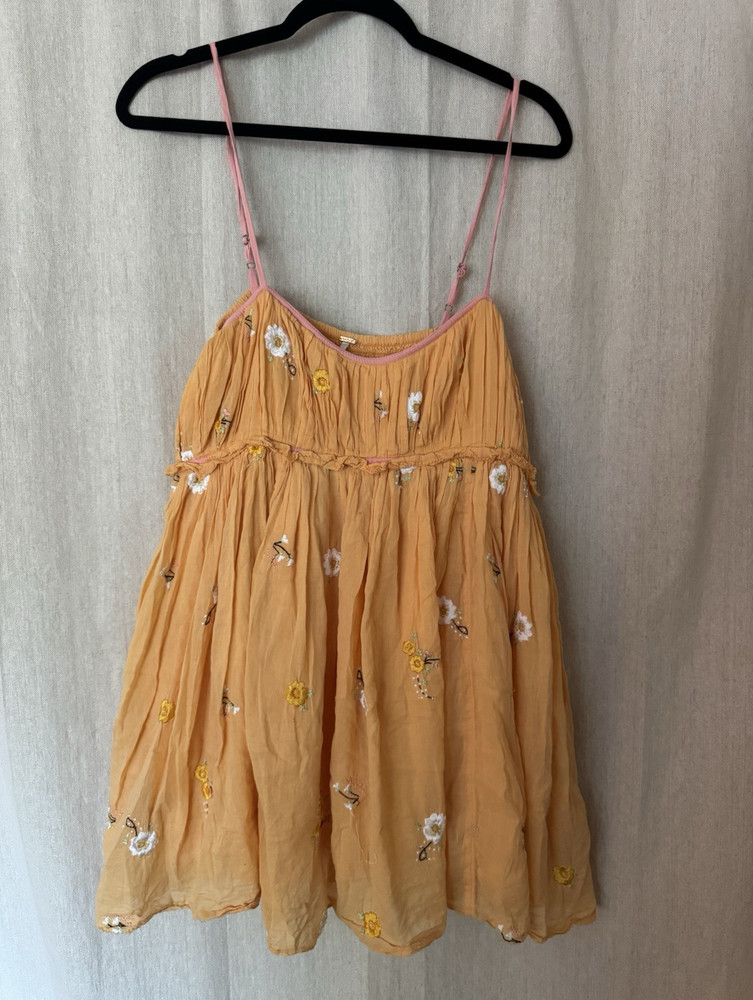 Free People M Tan Floral Embroidered Smocked Mini Dress Sleeveless Square